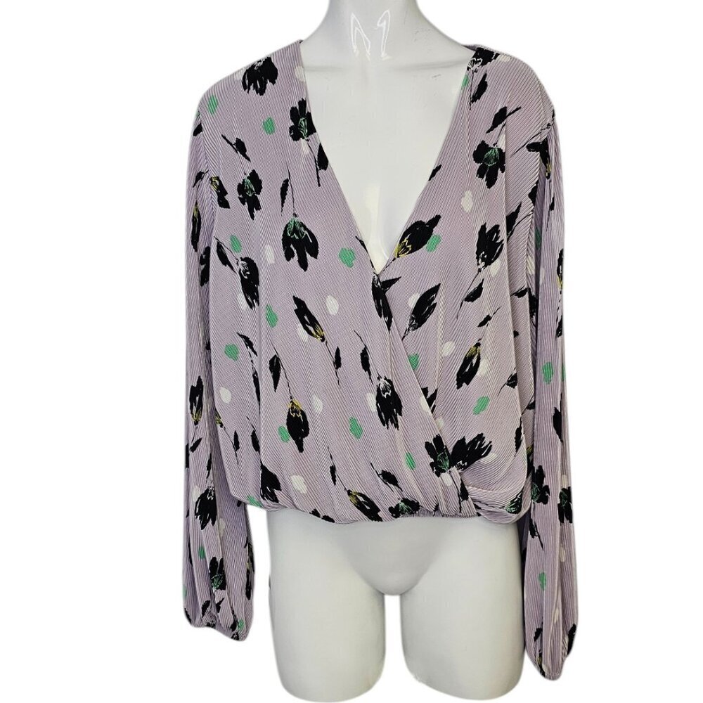 ASTR The Label Womens Pleated Plisse Surplice V-Neck Floral Blouse, Size XL